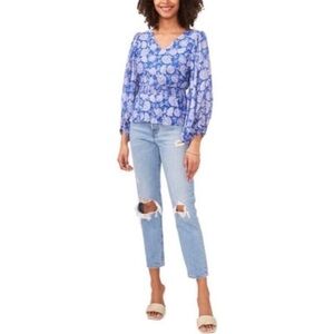 Vince Camuto Floral Peplum Smocked V-Neck Blouse, Blue & White Color,Size Large